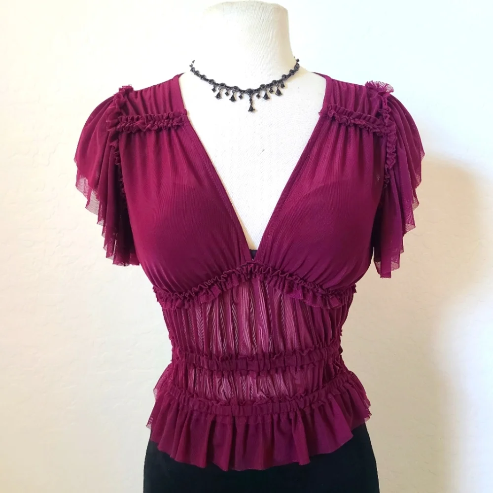💜2 for 25$ Purple/Maroon Sheer Crop Top Blouse With Ruffles NWT,  Boho, Bold - Picture 4 of 7